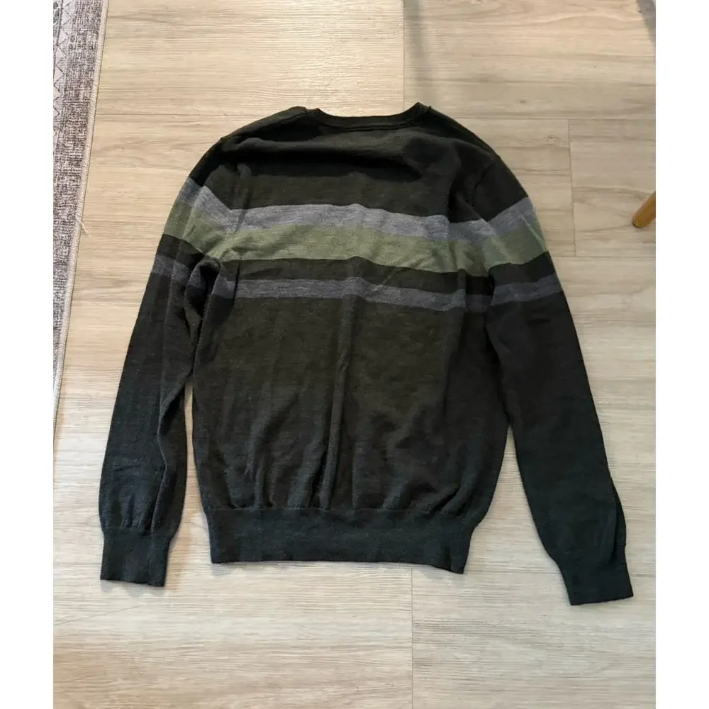 Banana Republic Men's Merino Wool V Neck Pullover Sweater Gray Green Striped L